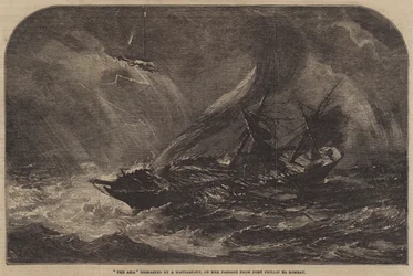 Die Asia entmastet durch einen Wasserhose, auf ihrer Passage von Port Phillip nach Bombay